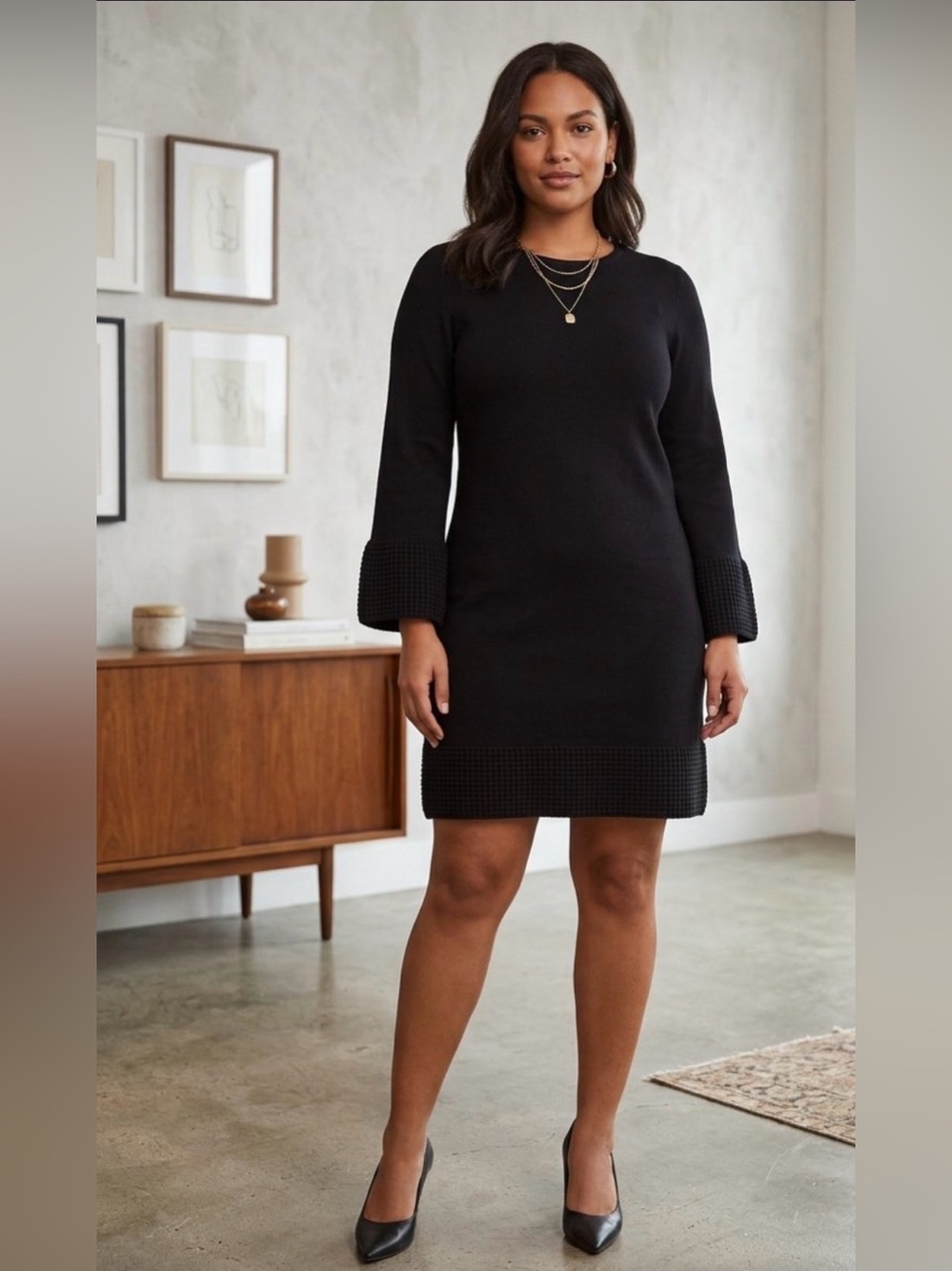 Alice + Olivia Black Wool Knit Shift Dress Women's Size M Long Cuffed Sleeve